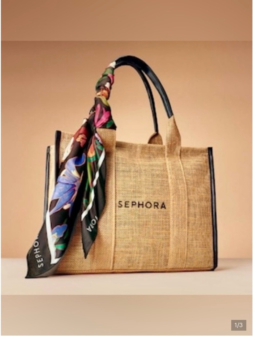 Sephora Beige Jute Tote with Black Trim and Colorful Floral Scarf